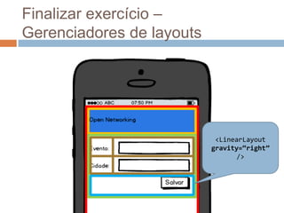 Finalizar exercício –
Gerenciadores de layouts
<LinearLayout
gravity=“right”
/>
 