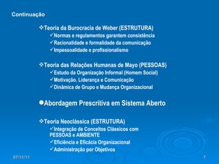 Teoria da Burocracia de Weber (ESTRUTURA) Normas e regulamentos garantem consistência Racionalidade e formalidade da comunicação Impessoalidade e profissionalismo Teoria das Relações Humanas de Mayo (PESSOAS) Estudo da Organização Informal (Homem Social) Motivação, Liderança e Comunicação Dinâmica de Grupo e Mudança Organizacional Abordagem Prescritiva em Sistema Aberto Teoria Neoclássica (ESTRUTURA) Integração de Conceitos Clássicos com PESSOAS e AMBIENTE Eficiência e Eficácia Organizacional Administração por Objetivos Continuação 