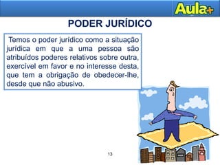 17
Temos o poder jurídico como a situação
jurídica em que a uma pessoa são
atribuídos poderes relativos sobre outra,
exercível em favor e no interesse desta,
que tem a obrigação de obedecer-lhe,
desde que não abusivo.
PODER JURÍDICO
13
 