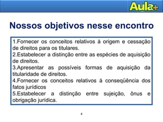 4AULA 1
1.Fornecer os conceitos relativos à origem e cessação
de direitos para os titulares.
2.Estabelecer a distinção entre as espécies de aquisição
de direitos.
3.Apresentar as possíveis formas de aquisição da
titularidade de direitos.
4.Fornecer os conceitos relativos à conseqüência dos
fatos jurídicos
5.Estabelecer a distinção entre sujeição, ônus e
obrigação jurídica.
Nossos objetivos nesse encontro
4
 