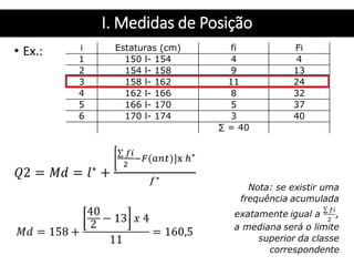 I. Medidas de Posição
• Ex.: i Estaturas (cm) fi Fi
1 150 l- 154 4 4
2 154 l- 158 9 13
3 158 l- 162 11 24
4 162 l- 166 8 32
5 166 l- 170 5 37
6 170 l- 174 3 40
∑ = 40
 