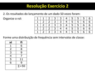 Resolução Exercício 2
2. Os resultados do lançamento de um dado 50 vezes foram:
Organize o rol:
Forme uma distribuição de frequência sem intervalos de classe:
1 1 2 3 3 4 5 5 5 6
1 2 2 3 3 4 5 5 6 6
1 2 2 3 3 4 5 5 6 6
1 2 2 3 4 4 5 5 6 6
1 2 3 3 4 4 5 5 6 6
xi fi
1 6
2 8
3 9
4 7
5 11
6 9
∑=50
 
