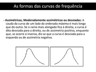 As formas das curvas de frequência
- Assimétricas, Moderadamente assimétricas ou desviadas: A
cauda da curva de um lado da ordenada máxima é mais longa
que do outro. Se o ramo mais alongado fica à direita, a curva é
dita desviada para a direita, ou de assimetria positiva, enquanto
que, se ocorre o inverso, diz-se que a curva é desviada para a
esquerda ou de assimetria negativa.
 