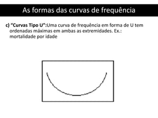 As formas das curvas de frequência
c) “Curvas Tipo U”:Uma curva de frequência em forma de U tem
ordenadas máximas em ambas as extremidades. Ex.:
mortalidade por idade
 