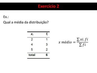 Exercício 2
Ex.:
Qual a média da distribuição?
 