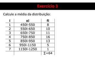 Exercício 3
Calcule a média da distribuição:
i xi fi
1 450l-550 8
2 550l-650 10
3 650l-750 11
4 750l-850 16
5 850l-950 13
6 950l-1150 5
7 1150l-1250 1
∑=64
 