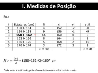 I. Medidas de Posição
i Estaturas (cm) fi xi yi yi.fi
1 150 l- 154 4 152 -2 -8
2 154 l- 158 9 156 -1 -9
3 158 l- 162 11 160 0 0
4 162 l- 166 8 164 1 8
5 166 l- 170 5 168 2 10
6 170 l- 174 3 172 3 9
∑ = 40 ∑ =10
 