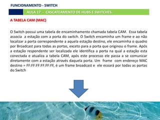 AULA 17 - CASCATEAMENTO DE HUBS E SWITCHES.
FUNCIONAMENTO - SWITCH
O Switch possui uma tabela de encaminhamento chamada tabela CAM. Essa tabela
associa a estação com a porta do switch. O Switch encaminha um frame e ao não
localizar a porta correspondente a aquela estação destino, ele encaminha o quadro
por Broadcast para todas as portas, exceto para a porta que originou o frame. Após
a estação respondente ser localizada ele identifica a porta na qual a estação esta
conectada e atualiza a tabela CAM, após este processo ele passa a se comunicar
diretamente com a estação através daquela porta. Um frame com endereço MAC
destino = FF:FF:FF:FF:FF:FF, é um frame broadcast e ele ecoará por todas as portas
do Switch
A TABELA CAM (MAC)
 