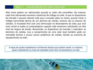 AULA 17 - CASCATEAMENTO DE HUBS E SWITCHES.
Mais hosts podem ser adicionados quando as redes são estendidas. No entanto,
cada host adicionado aumenta o potencial de tráfego na rede. Já que os dispositivos
da Camada 1 passam adiante tudo que é enviado sobre os meios, quanto maior o
tráfego transmitido dentro de um domínio de colisão, maiores são as chances de
colisões. O resultado final será uma diminuição no desempenho da rede, que será
mais visível se todos os computadores naquela rede estiverem solicitando um alto
nível de largura de banda. Resumindo, os dispositivos da Camada 1 estendem os
domínios de colisão, mas o comprimento de uma rede local também pode ser
estendido demais e causar outros problemas de colisão, devido ao aumento de
equipamentos na rede.
A regra de quatro repetidores na Ethernet declara que podem existir, no máximo,
quatro repetidores ou hubs de repetição entre dois computadores na rede.
 