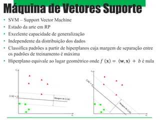 • SVM – Support Vector Machine
• Estado da arte em RP
• Excelente capacidade de generalização
• Independente da distribuição dos dados
• Classifica padrões a partir de hiperplanos cuja margem de separação entre
os padrões de treinamento é máxima
• Hiperplano equivale ao lugar geométrico onde 𝑓 𝐱 = 𝐰, 𝐱 + 𝑏 é nula
Máquina de Vetores Suporte
 