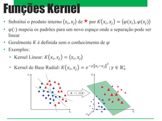 • Substitui o produto interno 𝑥𝑖, 𝑥𝑗 de ⋆ por 𝐾 𝑥𝑖, 𝑥𝑗 = 𝜑(𝑥𝑖), 𝜑(𝑥𝑗)
• 𝜑(⋅) mapeia os padrões para um novo espaço onde a separação pode ser
linear
• Geralmente 𝐾 é definida sem o conhecimento de 𝜑
• Exemplos:
• Kernel Linear: 𝐾 𝑥𝑖, 𝑥𝑗 = 𝑥𝑖, 𝑥𝑗
• Kernel de Base Radial: 𝐾 𝑥𝑖, 𝑥𝑗 = 𝑒−𝛾 𝑥𝑖−𝑥𝑗
2
; 𝛾 ∈ ℝ+
∗
Funções Kernel
 