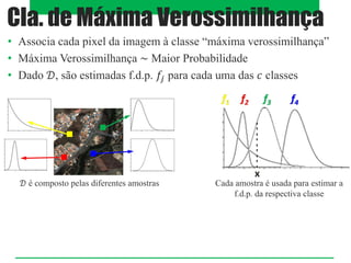 • Associa cada pixel da imagem à classe “máxima verossimilhança”
• Máxima Verossimilhança ~ Maior Probabilidade
• Dado 𝒟, são estimadas f.d.p. 𝑓𝑗 para cada uma das 𝑐 classes
Cla. de Máxima Verossimilhança
𝒟 é composto pelas diferentes amostras Cada amostra é usada para estimar a
f.d.p. da respectiva classe
 