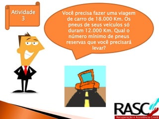 Atividade   Você precisa fazer uma viagem
    3         de carro de 18.000 Km. Os
              pneus de seus veículos só
              duram 12.000 Km. Qual o
              número mínimo de pneus
             reservas que você precisará
                        levar?
 