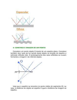 4- SIMETRIA E IMAGEM DE UM PONTO
Considere um ponto objeto O diante de um espelho plano. Considere
também dois raios de luz saindo deste objeto na direção do espelho e
sofrendo reflexão nele. O prolongamento dos raios refletidos se cruzam
formando a imagem I do referido objeto.
Veja que o espelho se encontra no ponto médio do segmento OI, ou
seja, a distância do objeto ao espelho é igual a distância da imagem ao
espelho.
 