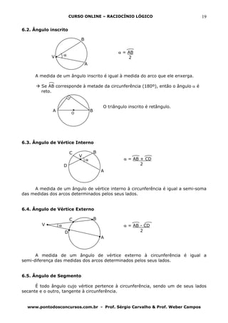 CURSO ONLINE – RACIOCÍNIO LÓGICO                         19

6.2. Ângulo inscrito

                              B


                                                     α = AB
             V       α
                                                         2
                                  A

      A medida de um ângulo inscrito é igual à medida do arco que ele enxerga.

        Se AB corresponde à metade da circunferência (180º), então o ângulo α é
        reto.


                                              O triângulo inscrito é retângulo.
             A                        B
                          O




6.3. Ângulo de Vértice Interno

                         C                B
                              V
                                  α                     α = AB + CD
                     D                                         2
                                              A



     A medida de um ângulo de vértice interno à circunferência é igual a semi-soma
das medidas dos arcos determinados pelos seus lados.


6.4. Ângulo de Vértice Externo

                         C                B
         V       α                                      α = AB - CD
                     D                                         2
                                              A



      A medida de um ângulo de vértice externo à circunferência é igual a
semi-diferença das medidas dos arcos determinados pelos seus lados.


6.5. Ângulo de Segmento

      É todo ângulo cujo vértice pertence à circunferência, sendo um de seus lados
secante e o outro, tangente à circunferência.


  www.pontodosconcursos.com.br - Prof. Sérgio Carvalho & Prof. Weber Campos
 