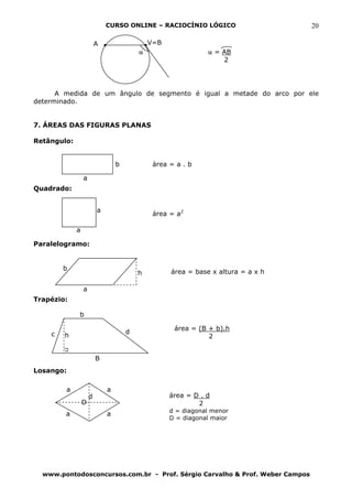 CURSO ONLINE – RACIOCÍNIO LÓGICO                     20

                         A                   V=B
                                         α                    α = AB
                                                                  2




      A medida de um ângulo de segmento é igual a metade do arco por ele
determinado.


7. ÁREAS DAS FIGURAS PLANAS

Retângulo:


                                 b            área = a . b

                 a
Quadrado:


                         a
                                              área = a2

             a

Paralelogramo:


        b
                                         h         área = base x altura = a x h

                 a
Trapézio:

             b

                                                    área = (B + b).h
    c                                d
        h                                                     2


                         B
Losango:

        a                    a
                     d                             área = D . d
                 D                                         2
                                                   d = diagonal menor
        a                    a
                                                   D = diagonal maior




  www.pontodosconcursos.com.br - Prof. Sérgio Carvalho & Prof. Weber Campos
 