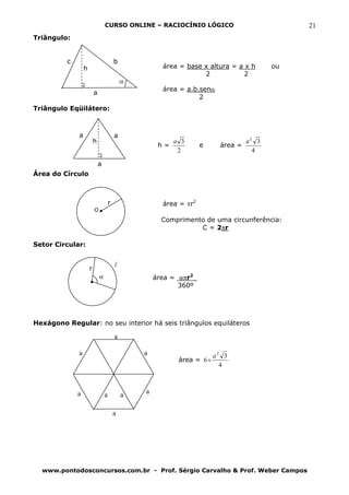 CURSO ONLINE – RACIOCÍNIO LÓGICO                               21
Triângulo:


          c                               b
                  h                                     área = base x altura = a x h        ou
                                                                    2            2
                                              α
                                                        área = a.b.senα
                          a
                                                                   2
Triângulo Eqüilátero:



              a                           a
                          h                                 a 3                      a2 3
                                                       h=            e      área =
                                                             2                         4

                              a
Área do Círculo



                                      r                 área = πr2
                          O
                                                        Comprimento de uma circunferência:
                                                                  C = 2πr

Setor Circular:


                                          l
                      r
                              α                       área = απr2_
                                                             360º




Hexágono Regular: no seu interior há seis triângulos equiláteros

                                          a

              a                                   a                       a2 3
                                                             área = 6 ×
                                                                            4



              a                   a           a   a


                                          a




  www.pontodosconcursos.com.br - Prof. Sérgio Carvalho & Prof. Weber Campos
 