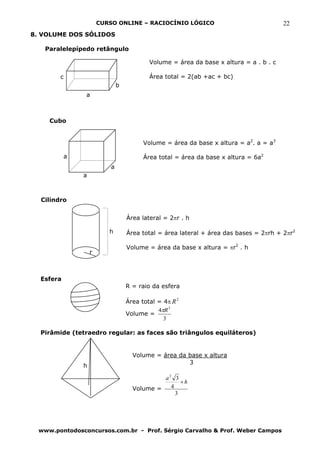 CURSO ONLINE – RACIOCÍNIO LÓGICO                                 22
8. VOLUME DOS SÓLIDOS

   Paralelepípedo retângulo

                                           Volume = área da base x altura = a . b . c

        c                                  Área total = 2(ab +ac + bc)
                               b                             b
               a



    Cubo


                                         Volume = área da base x altura = a2. a = a3

           a                             Área total = área da base x altura = 6a2
                           a
               a



  Cilindro


                                   Área lateral = 2πr . h

                          h        Área total = área lateral + área das bases = 2πrh + 2πr2
                                          h
                                   Volume = área da base x altura = πr2 . h
                   r



  Esfera
                                   R = raio da esfera

                                   Área total = 4π R 2
                                              4πR 3
                                   Volume =
                                                3

  Pirâmide (tetraedro regular: as faces são triângulos equiláteros)


                                     Volume = área da base x altura
                                                      3
               h

                                              a2 3
                                                    ×h
                                     Volume =   4
                                                  3




 www.pontodosconcursos.com.br - Prof. Sérgio Carvalho & Prof. Weber Campos
 
