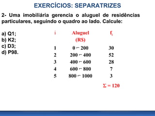 EXERCÍCIOS: SEPARATRIZES
2- Uma imobiliária gerencia o aluguel de residências
particulares, seguindo o quadro ao lado. Calcule:

a) Q1;             i      Aluguel       fi
b) K2;                     (R$)
c) D3;             1       0 ⌐ 200      30
d) P98.
                   2      200 ⌐ 400     52
                   3      400 ⌐ 600     28
                   4      600 ⌐ 800      7
                   5     800 ⌐ 1000      3
                                      Σ = 120
 