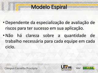 Modelo Espiral
• Dependente da especialização de avaliação de
riscos para ter sucesso em sua aplicação.
• Não há clareza sobre a quantidade de
trabalho necessária para cada equipe em cada
ciclo.
 