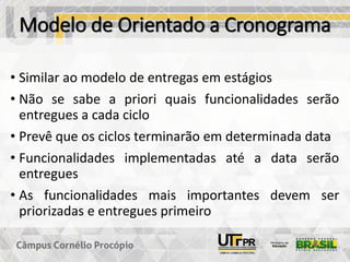 Modelo de Orientado a Cronograma
• Similar ao modelo de entregas em estágios
• Não se sabe a priori quais funcionalidades serão
entregues a cada ciclo
• Prevê que os ciclos terminarão em determinada data
• Funcionalidades implementadas até a data serão
entregues
• As funcionalidades mais importantes devem ser
priorizadas e entregues primeiro
 