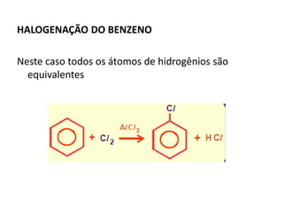 HALOGENAÇÃO DO BENZENO
Neste caso todos os átomos de hidrogênios são
equivalentes
 