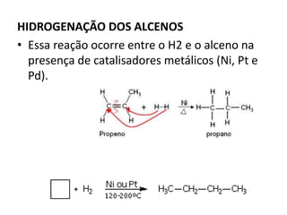 HIDROGENAÇÃO DOS ALCENOS
• Essa reação ocorre entre o H2 e o alceno na
presença de catalisadores metálicos (Ni, Pt e
Pd).
 