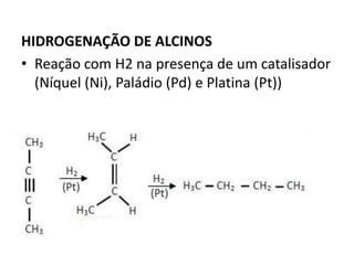 HIDROGENAÇÃO DE ALCINOS
• Reação com H2 na presença de um catalisador
(Níquel (Ni), Paládio (Pd) e Platina (Pt))
 