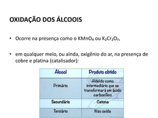OXIDAÇÃO DOS ÁLCOOIS
• Ocorre na presença como o KMnO₄ ou K₂Cr₂O₇,
• em qualquer meio, ou ainda, oxigênio do ar, na presença de
cobre e platina (catalisador):
 