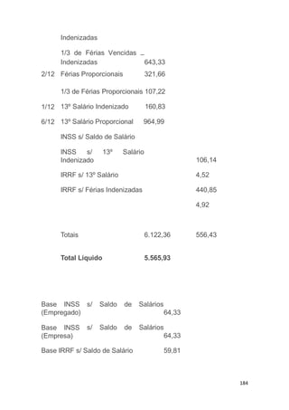 184
1/12
6/12
1/3 de Férias Proporcionais 107,22
13º Salário Indenizado 160,83
13º Salário Proporcional 964,99
INSS s/ Saldo de Salário
INSS s/ 13º Salário
Indenizado 106,14
IRRF s/ 13º Salário 4,52
IRRF s/ Férias Indenizadas 440,85
4,92
Totais 6.122,36 556,43
Total Líquido 5.565,93
s/ Saldo de Salários
64,33
s/ Saldo de Salários
Base INSS
(Empregado)
Base INSS
(Empresa) 64,33
Base IRRF s/ Saldo de Salário 59,81
Indenizadas
1/3 de Férias Vencidas –
Indenizadas 643,33
2/12 Férias Proporcionais 321,66
 