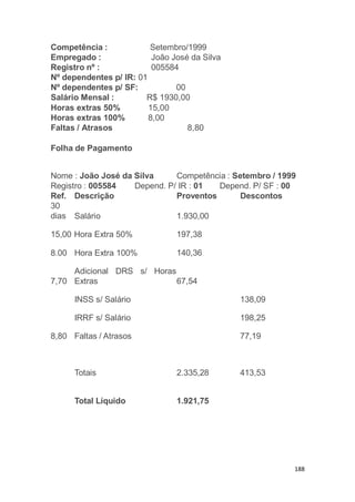 188
Setembro/1999
João José da Silva
005584
Competência :
Empregado :
Registro nº :
Nº dependentes p/ IR: 01
Nº dependentes p/ SF: 00
Nome : João José da Silva Competência : Setembro / 1999
Registro : 005584 Depend. P/ IR : 01
Proventos
Depend. P/ SF : 00
DescontosRef. Descrição
30
dias Salário 1.930,00
197,3815,00 Hora Extra 50%
8.00 Hora Extra 100% 140,36
7,70
s/ HorasAdicional DRS
Extras 67,54
INSS s/ Salário 138,09
IRRF s/ Salário 198,25
8,80 Faltas / Atrasos 77,19
Totais 2.335,28 413,53
Total Líquido 1.921,75
Salário Mensal : R$ 1930,00
Horas extras 50% 15,00
Horas extras 100% 8,00
Faltas / Atrasos
Folha de Pagamento
8,80
 