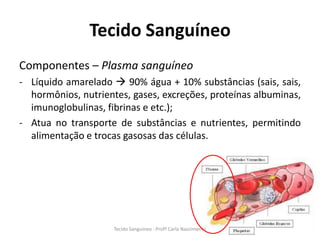 Tecido Sanguíneo
Componentes – Plasma sanguíneo
- Líquido amarelado  90% água + 10% substâncias (sais, sais,
  hormônios, nutrientes, gases, excreções, proteínas albuminas,
  imunoglobulinas, fibrinas e etc.);
- Atua no transporte de substâncias e nutrientes, permitindo
  alimentação e trocas gasosas das células.




                     Tecido Sanguíneo - Profª Carla Nascimento
 