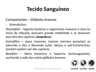 Tecido Sanguíneo
Componentes – Glóbulos brancos
- Granulócitos:
Neutrófilos – fagocita bactérias e organismos invasores e atua no
início da infecção; possuem grande mobilidade e se deslocam
para fora dos capilares (diapedese).
Eosinófilos – ataca invasores maiores (vermes parasitas) se
aderindo a eles e liberando subst. tóxicas e anti-histamínicas;
também podem sair dos capilares.
Basófilos – libera histamina e heparina (anticoagulante),
auxiliando a ação dos outros glóbulos brancos.


                     Tecido Sanguíneo - Profª Carla Nascimento
 