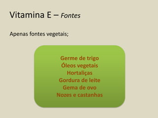 Vitamina E – Fontes 
Apenas fontes vegetais; 
Germe de trigo 
Óleos vegetais 
Hortaliças 
Gordura de leite 
Gema de ovo 
Nozes e castanhas  