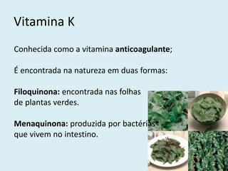 Vitamina K 
Conhecida como a vitamina anticoagulante; 
É encontrada na natureza em duas formas: 
Filoquinona: encontrada nas folhas 
de plantas verdes. 
Menaquinona: produzida por bactérias 
que vivem no intestino. 
 