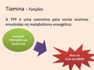 Tiamina - Funções 
A TPP é uma coenzima para varias enzimas envolvidas no metabolismo energético. 
Converte PIRUVATO em Acetil CoA 
Atua no 
Ciclo de KREBS  