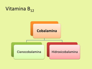 Vitamina B12 
Cobalamina 
Cianocobalamina 
Hidroxicobalamina  