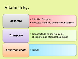Vitamina B12 
•Intestino Delgado; 
•Processo mediado pelo Fator Intrínseco 
Absorção 
•Transportada no sangue pelas glicoproteínas e transcobalaminas 
Transporte 
•Fígado 
Armazenamento  