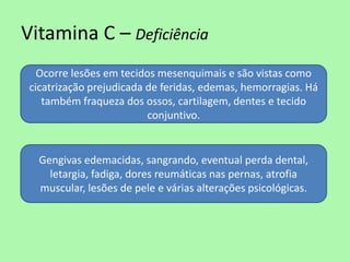 Vitamina C – Deficiência 
Ocorre lesões em tecidos mesenquimais e são vistas como cicatrização prejudicada de feridas, edemas, hemorragias. Há também fraqueza dos ossos, cartilagem, dentes e tecido conjuntivo. 
Gengivas edemacidas, sangrando, eventual perda dental, letargia, fadiga, dores reumáticas nas pernas, atrofia muscular, lesões de pele e várias alterações psicológicas.  
