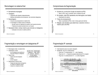 Remontagem no sistema final                                                                                                                          Compromissos da fragmentação

                                                              ! Normalmente empregada                                                                                                                              ! Aumento do overhead em função do tamanho da PDU
                                                              ! Vantagens:                                                                                                                                               • Menor a PDU, maior o overhead, menor a eficiência da rede
                                                                    • Fragmentos são roteados independementes                                                                                                      ! No receptor, cada PDU representa uma interrupção a ser tratada
                                                                    • Sistemas intermediários não armazenam, nem remontam datagramas                                                                                     • Desempenho do sistema
                                                              ! Desvantagens:                                                                                                                                      ! Tempo de processamento
Instituto de Informática - UFRGS




                                                                                                                                                     Instituto de Informática - UFRGS
                                                                    • Consumo de processamento no destino final                                                                                                          • Maior a quantidade de PDUs, maior o tempo gasto para tratá-las
                                                                    • A remontagem no destino pode ser ineficiente                                                                                                 ! Relação custo benefício para determinar o tamanho mínimo e
                                                                       • Se pelo menos um fragmento for perdido, não é possível remontar                                                                               máximo para uma PDU
                                                                       • Tratamento de perda (controle de erro, se houver)
                                   A. Carissimi -29-oct.-09




                                                                                                                                                                                        A. Carissimi -29-oct.-09
                                                              ! Necessário limitar o tempo máximo para remontar um datagrama
                                                                         • Liberação de recursos no sistema (buffers)


                                                              Redes de Computadores                                                             13                                                                 Redes de Computadores                                                      14




                                        Fragmentação e remontagem em datagramas IP                                                                                                           Fragmentação IP: exemplo

                                                              ! Remontagem é feita no sistema final                                                                                                                ! Cada fragmento possui seu próprio cabeçalho
                                                              ! Identificação (16 bits):                      Ver hlen TOS     Payload lenght                                                                      ! Identificador, flag more e deslocamento
                                                                    • Nro. de seqüência que identifica de       Fragment ID    Flags + Offset                                                                            • Flag more = 0 e deslocamento = 0 → não é fragmento
                                                                      forma não ambígua um datagrama           TTL Protocol      Checksum                                                                                • Flag more ≠ 0 → é fragmento (posição deslocamento*8 no original)
                                                              ! Flags (3 bits):                                      IP source address
                                                                                                                                                                                                                         • Flag more = 0 e deslocamento ≠ 0 → é o último fragmento
                                                                    • Apenas dois são empregados                   IP destination address
Instituto de Informática - UFRGS




                                                                                                                                                     Instituto de Informática - UFRGS




                                                                    • bit More
                                                                    • bit Don’t fragment
                                                              ! Deslocamento (offset)(13 bits)
                                                                    • Posição dos dados dentro do fragmento
                                   A. Carissimi -29-oct.-09




                                                                                                                                                                                        A. Carissimi -29-oct.-09




                                                                      em relação ao datagrama original
                                                                    • Indicado em unidades de 8 bytes



                                                                                                                                                                                                                                                        deslocamento
                                                              Redes de Computadores                                                             15                                                                 Redes de Computadores                                                      16
 