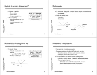 Controle de erro em datagramas IP                                                                                                              Multiplexação

                                                              ! O protocolo IP NÃO faz:                                                                                                                      ! A camada de rede pode “carregar” dados de/para várias entidades
                                                                    • Controle de fluxo                 Ver hlen TOS     Payload lenght                                                                            • Multiplexação
                                                                    • Controle de erro                    Fragment ID    Flags + Offset
                                                                    • Há apenas detecção de erro
                                                                                                                                                                                                             ! Pode ser de dois tipos:
                                                                                                         TTL Protocol      Checksum
                                                              ! Checksum (16 bits)                             IP source address
                                                                                                                                                                                                                   • Ascendente
                                                                    • Soma em complemento de 1 ’s do         IP destination address                                                                                • Descendente
                                                                      cabeçalho
Instituto de Informática - UFRGS




                                                                                                                                               Instituto de Informática - UFRGS
                                                                    • Verificado e recalculado a cada
                                                                      roteador
                                                                                                                                                                                                                                      Transporte                           Transporte
                                                                                                                                                                                                                                      Rede                                 Rede
                                   A. Carissimi -29-oct.-09




                                                                                                                                                                                  A. Carissimi -29-oct.-09
                                                                                                                                                                                                                  ascendente                       descendente



                                                              Redes de Computadores                                                       17                                                                 Redes de Computadores                                                        18




                                        Multiplexação em datagramas IPs                                                                                                                Roteamento: Tempo de vida

                                                              ! Protocolo (8 bits)                                                                                                                           ! Serviços não orientados a conexão
                                                                    • Indicação do protocolo do nível   Ver hlen TOS     Payload lenght                                                                      ! Datagramas podem circular indefinidamente na rede
                                                                      superior                            Fragment ID    Flags + Offset
                                                                                                                                                                                                                   • Decorrência de rotas alternativas ou de roteamento dinâmico
                                                                       • e.g.; 1=ICMP; 6=TCP; 17=UDP     TTL Protocol      Checksum
                                                                                                               IP source address
                                                                                                                                                                                                                   • Indesejável por consumir recursos da rede
                                                                    • Tarefa de multiplexação
                                                                                                             IP destination address                                                                          ! Solução é atribuir um tempo de vida ao datagrama
Instituto de Informática - UFRGS




                                                                                                                                               Instituto de Informática - UFRGS




                                                                                                                                                                                                                   • Expirado o “prazo de validade” o datagrama não é repassado adiante
                                                                                                                                                                                                                   • Pode ser implementado por:
                                                                                                                                                                                                                      • Contador de etapas: cada roteador decrementa esse valor
                                                                         Transporte
                                                                                                                                                                                                                      • Medição de tempo real transcorrido (wall clock time)
                                   A. Carissimi -29-oct.-09




                                                                                                                                                                                  A. Carissimi -29-oct.-09




                                                                               Rede   ICMP




                                                              Redes de Computadores                                                       19                                                                 Redes de Computadores                                                        20
 