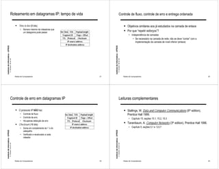 Roteamento em datagramas IP: tempo de vida                                                                                                           Controle de fluxo, controle de erro e entrega ordenada


                                                              ! Time to live (8 bits)                                                                                                                              ! Objetivos similares aos já estudados na camada de enlace
                                                                    • Número máximo de roteadores que
                                                                      um datagrama pode passar          Ver hlen TOS     Payload lenght                                                                            ! Por que “repetir esforços”?
                                                                                                          Fragment ID    Flags + Offset                                                                                  • Independência de camadas
                                                                                                         TTL Protocol       Checksum                                                                                        • Se necessário na camada de rede, não se deve “contar” com a
                                                                                                               IP source address                                                                                              implementação da camada de nível inferior (enlace)
                                                                                                             IP destination address
Instituto de Informática - UFRGS




                                                                                                                                                     Instituto de Informática - UFRGS
                                   A. Carissimi -29-oct.-09




                                                                                                                                                                                        A. Carissimi -29-oct.-09
                                                              Redes de Computadores                                                             21                                                                 Redes de Computadores                                                    22




                                        Controle de erro em datagramas IP                                                                                                                    Leituras complementares

                                                              ! O protocolo IP NÃO faz:                                                                                                                            ! Stallings, W. Data and Computer Communications (6th edition),
                                                                    • Controle de fluxo                     Ver hlen TOS      Payload lenght                                                                           Prentice Hall 1999.
                                                                    • Controle de erro                        Fragment ID      Flags + Offset                                                                            • Capítulo 15, seções 15.1, 15.2, 15.3
                                                                    • Há apenas detecção de erro              TTL Protocol      Checksum
                                                              ! Checksum (16 bits)                                  IP source address
                                                                                                                                                                                                                   ! Tanenbaum, A. Computer Networks (3th edition), Prentice Hall 1996.
                                                                    • Soma em complemento de 1 ’s do              IP destination address                                                                                 • Capítulo 5, seções 5.1 e 5.5.7
                                                                      cabeçalho
Instituto de Informática - UFRGS




                                                                                                                                                     Instituto de Informática - UFRGS




                                                                    • Verificado e recalculado a cada
                                                                      roteador
                                   A. Carissimi -29-oct.-09




                                                                                                                                                                                        A. Carissimi -29-oct.-09




                                                              Redes de Computadores                                                             23                                                                 Redes de Computadores                                                    24
 