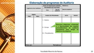 NORMAS DE AUDITORIA –AULA 4 
AUDITORIA OPERACIONAL 
ElaboraçãodeprogramasdeAuditoria 
DescreveaNatureza,aExtensãoeaOportunidadedosexames(procedimentos)deauditorianecessáriosparaatingirosobjetivosdoprograma. 
Faculdade Maurício de Nassau -Prof. Saulo Campos 
10  