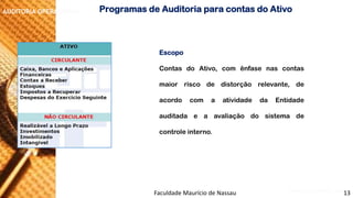 NORMAS DE AUDITORIA –AULA 4 
AUDITORIA OPERACIONAL 
Escopo 
ContasdoAtivo,comênfasenascontasmaiorriscodedistorçãorelevante,deacordocomaatividadedaEntidadeauditadaeaavaliaçãodosistemadecontroleinterno. 
ProgramasdeAuditoriaparacontasdoAtivo 
Faculdade Maurício de Nassau -Prof. Saulo Campos 
13  