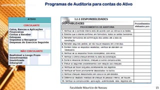 NORMAS DE AUDITORIA –AULA 4 
AUDITORIA OPERACIONAL 
ProgramasdeAuditoriaparacontasdoAtivo 
Faculdade Maurício de Nassau -Prof. Saulo Campos 
15  