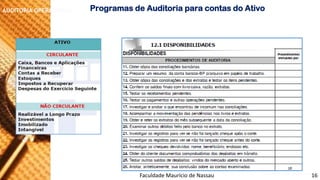 NORMAS DE AUDITORIA –AULA 4 
AUDITORIA OPERACIONAL 
ProgramasdeAuditoriaparacontasdoAtivo 
Faculdade Maurício de Nassau -Prof. Saulo Campos 
16  