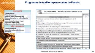 NORMAS DE AUDITORIA –AULA 4 
AUDITORIA OPERACIONAL 
ProgramasdeAuditoriaparacontasdoPassivo 
Faculdade Maurício de Nassau -Prof. Saulo Campos 
18  
