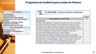NORMAS DE AUDITORIA –AULA 4 
AUDITORIA OPERACIONAL 
ProgramasdeAuditoriaparacontasdoPassivo 
Faculdade Maurício de Nassau -Prof. Saulo Campos 
20  