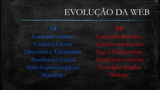 EVOLUÇÃO DA WEB 
1.0 2.0 
Conteúdo estático Conteúdo dinâmico 
Usuários leitores Usuários produtores 
Diretórios e Taxonomias Tags e Folksonomia 
Atualização escassa Atualização contínua 
Tecnologias complexas Tecnolgias simples 
Monólogo Diálogo 
 