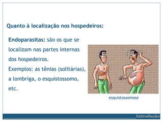 Endoparasitas: são os que se
localizam nas partes internas
dos hospedeiros.
Exemplos: as tênias (solitárias),
a lombriga, o esquistossomo,
etc.
Quanto à localização nos hospedeiros:
esquistossomose
__________________________Introdução
 